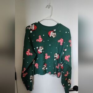 Disney Green Sweatshirt with Mickey Mouse and Candy Cane Design